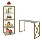 Kit Mesa Escrivaninha Bex Com Livreiro Multiuso Industrial Ferro Dourado MDF Verde Oliva - Ahazzo Móveis