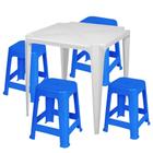 Kit Mesa Quadrada em Plastico Branca + 4 Banquetas em Plastico Azul Mor