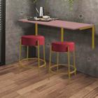 Kit Mesa Suspensa de Parede Fixa MDF Rosa + 2 Banquetas Sintra Ferro Dourado Suede Vermelho - Ahazzo Móveis