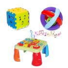 Kit Mesinha Infantil Interativa+Cubo Didático 24 Pcs+Bola Maluquinha Chocalho