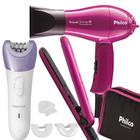 Kit Mini Secador De Cabelo Philco Pequeno Dobrável e Chapinha Bivolt Com Bolsa e Aparador Depilador Gama Italy Look