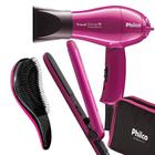 kit Mini Secador De Cabelo Philco Pequeno Dobrável Prancha Cerâmica Bivolt Escova Pentear Maya