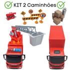 Kit Miniatura Caminhões de Brinquedo - 1 Caminhão de Bombeiro + 1 Caminhão Baú Cheio de Acessórios - Usual Brinquedos
