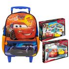 Kit Mochila com Rodas 40cm Carros + Jogo Dominó 28 Peças + Quebra Cabeça 100 Peças em Madeira