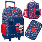 kit Mochila com Rodas Juvenil 16 College Panda Pipoca + Lancheira + Estojo BOX