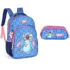 Kit Mochila Costas Escolar Porta Notebook Stitch+Estojo Triplo