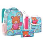 Kit Mochila Costas Lancheira Estojo Garrafa Infantil Urso Coração Escolar Seanite