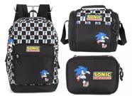 Kit Mochila Costas Sonic Lancheira Estojo 2025 Preto Xadrez