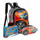 Kit Mochila de Costas Hot Wheels + Estojo Duplo Masculina Infantil + Jogo Dominó