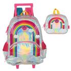 Kit Mochila De Rodinha E Alca Rainbow Prata Metal +Lancheira