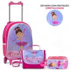 Kit Mochila de Rodinha Escolar Bailarina Infantil Feminino + Lancheira Transversal + Estojo Duplo Menina Cristal Juvenil