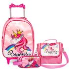 Kit Mochila de Rodinha Escolar Unicórnio Princesa Infantil Feminino + Lancheira Transversal + Estojo Duplo Menina Cristal