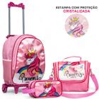 Kit Mochila de Rodinha Escolar Unicórnio Princesa Infantil Feminino + Lancheira Transversal + Estojo Duplo Menina Cristal