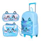 Kit Mochila de Rodinha Menina Estojo Lancheira Gatinho Glitter