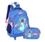 Kit Mochila de Rodinhas Disney Stitch Azul com Estojo Luxcel