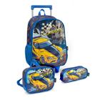 Kit Mochila de Rodinhas Escolar Infantil + Lancheira + Estojo Força 4 Carros Corrida Forza