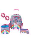 Kit mochila de rodinhas infantil escolar unicórnio meninas rosa brilho bolsa aulas