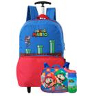 Kit Mochila Escolar De Rodas Com Garrafa e Lancheira Mario