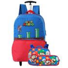 Kit Mochila Escolar De Rodas Mario Com Estojo E Lancheira