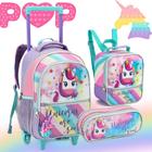 Kit Mochila Escolar Feminina Infantil Unicórnio Pop It + Lancheira Térmica + Estojo Bolsa De Rodinha