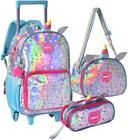 Kit Mochila Escolar Holográfica Happy Unicórnio Rodinhas com Lancheira Térmica e Estojo Menina Juvenil Personalizada