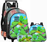 Kit Mochila Escolar Infantil Pixel Game Start Rodinhas Impermeável Lancheira Térmica Estojo