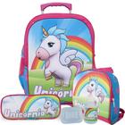 Kit Mochila Escolar Infantil Tam G de Rodinhas Unicórnio