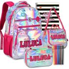 Kit Mochila Escolar Luluca Infantil Feminina Holográfica Estojo e Lancheira