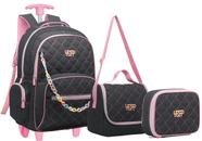 Kit Mochila Escolar Rodinha Menina Metalizada Rosa Roxa KIT5321