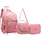 Kit Mochila Escolar Trolley Rodinha Juvenil G Rosa Summer