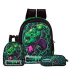 Kit Mochila Hulk de Costas + Lancheira Térmica + Estojo Escolar