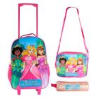 Kit Mochila Infantil 15 Litros com Rodinha Tema Princesa Rosa Escolar com 3 Peças Mochila Estojo Lancheira