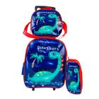 Kit mochila infantil com rodinhas meninos bolsa escolar dinossauro estojo e lancheira térmica dino carrinho impermeavel