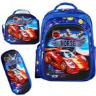 Kit Mochila Infantil Costas Escolar Menino Estojo Lancheira Carro