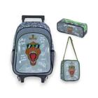 Kit Mochila Infantil de Rodinhas Dinossauro Cinza - BRW