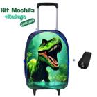 Kit Mochila Infantil Escolar com Carrinho e Estojo Linda Dinossauro Prática Resistente Volta às Aulas