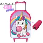 Kit Mochila Infantil Escolar com Carrinho Estojo Linda Unicórnio Candy