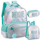 Kit Mochila Infantil Juvenil Nice Escolar Costas Tam G Verde Pompom Lancheira Térmica Estojo Duplo