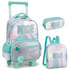 Kit Mochila Infantil Juvenil Nice Escolar Rodinhas Tam G Verde Pompom Lancheira Estojo Duplo