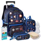 Kit Mochila Lancheira Estojo Gamer Video Game Reforçada Resistente com Luzes Pisca Carrinho Rodinha