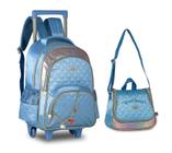 Kit Mochila + Lancheira Princesas Escolar Infantil Rodinhas Menina Azul