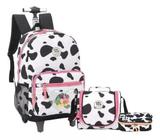 Kit Mochila Meninas Vaquinha Estampa Vaca Malhada Rodinhas G