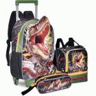 Kit Mochila Rodinha Dinossauro TRex Com Estojo e Lancheira