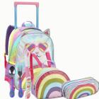 Kit Mochila Rodinha Escolar Infantil Gatinho Holográfico 3Pç