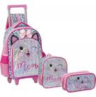 Kit Mochila Rodinha Escolar Infantil Lancheira Estojo Menina Gatinho Glitter Yepp