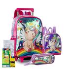 Kit Mochila Rodinha Estojo Lancheira Infantil Escolar Unicórnio Arco Íris Colorido Holográfico Clio