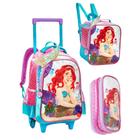 Kit Mochila Rodinha Infantil Carrinho Escolar Feminina Sereia Holografica