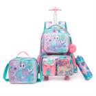 Kit Mochila Rodinha Infantil Gatinha Sereia Estojo Lancheira Térmica Resistente