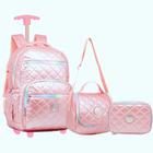 Kit Mochila Rodinha Metalizada Rosa Azul Brilho Escolar