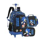 Kit Mochila Rodinhas com Lancheira  e Estojo Original Sonic Escolar Infantil Juvenil